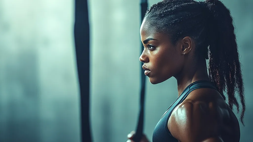 Here's a description of the image:

The image is a close-up profile shot of a strong, muscular Black woman with her hair in a high ponytail.  She's intensely focused, her gaze directed to the side, suggesting concentration on a physical activity.  Her expression is determined and serious. She's wearing a dark-colored athletic top and appears to be working out with fitness straps or ropes partially visible in the background, which creates a moody and atmospheric setting. The overall tone of the image is dark and dramatic, emphasizing the woman's strength and athleticism.