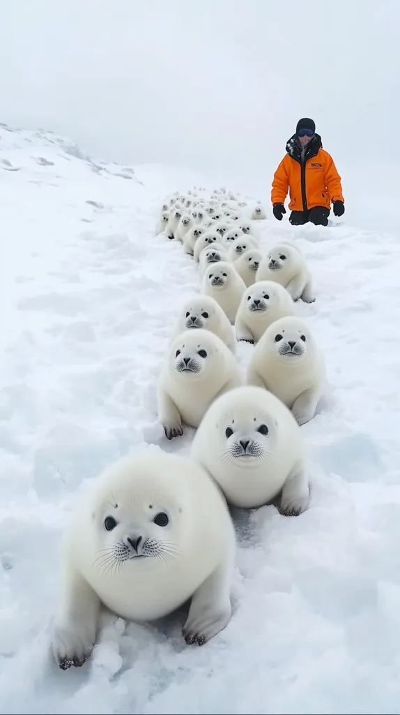 A long line of fluffy white seal pups waddles across a snowy landscape, following a person in an orange jacket.  The seals are adorable, their dark eyes contrasting with their snowy white fur. The scene is serene and peaceful, highlighting the beauty of the Arctic environment and the endearing nature of the young seals. The person appears to be guiding or observing the pups.