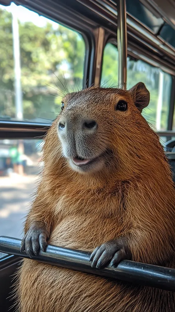 Here's a description of the image:

Close-up view of a capybara sitting on a public bus, holding onto a handrail.  The capybara is large and fluffy, with reddish-brown fur. Its expression appears calm and content. The bus window shows a blurred background of green trees and a street scene.  The capybara's dark claws are visible gripping the metal bar. The overall lighting is soft and natural.  The image is unusual and endearing, showcasing the capybara in a surprisingly domestic setting.