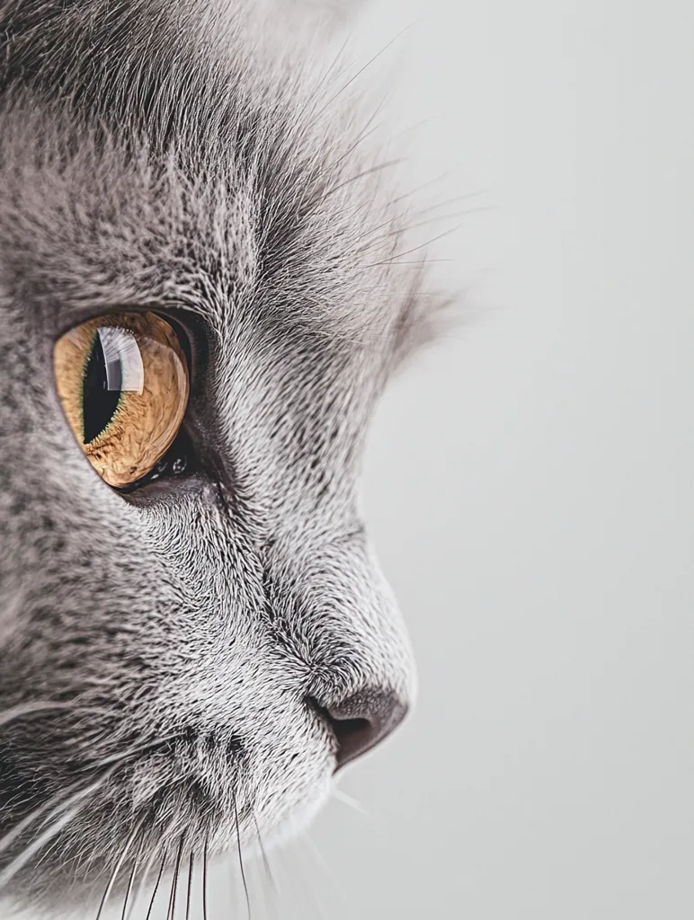 Here's a description of the image:

The close-up profile shot features a gray cat, its fur a soft, textured mix of light and dark gray. The cat's eye, a striking amber color, is sharply in focus, drawing the viewer's attention. The nose is visible, and a few whiskers extend from its chin. The background is a simple, blurred light gray, providing a stark contrast that emphasizes the cat's features. The overall mood is serene and intimate.