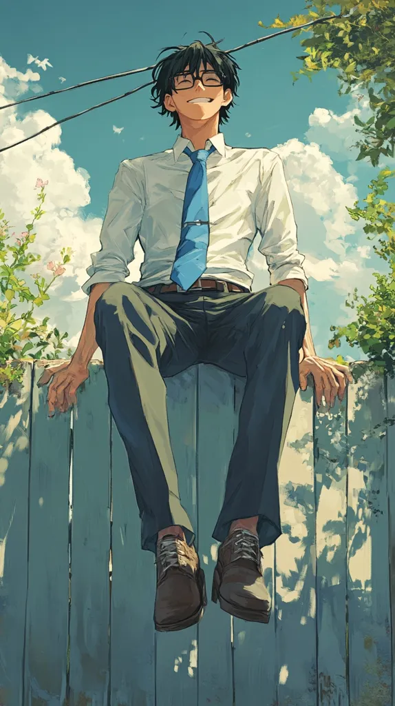 The illustration depicts a young man with glasses, a contented smile, sitting on a weathered wooden fence. He's dressed in a light-colored, long-sleeved shirt and dark trousers, a blue tie neatly knotted.  The setting is outdoors, under a partly cloudy sky, with leafy green trees and flowering bushes visible.  The overall style is anime-influenced, with soft lighting and a serene atmosphere. The image evokes a sense of peace and quiet contemplation.