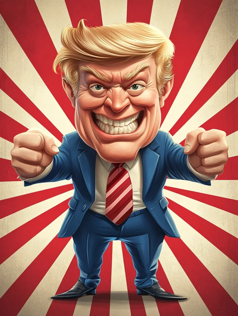 A caricature of Donald Trump is depicted in a vibrant, stylized illustration.  He's shown with exaggerated features—a large head, intense expression, and clenched fists—dressed in a blue suit and red-and-white striped tie. The backdrop is a dynamic red and white radiating sunburst pattern, evoking a sense of power and dynamism. The overall style is cartoonish yet forceful, conveying a strong personality.