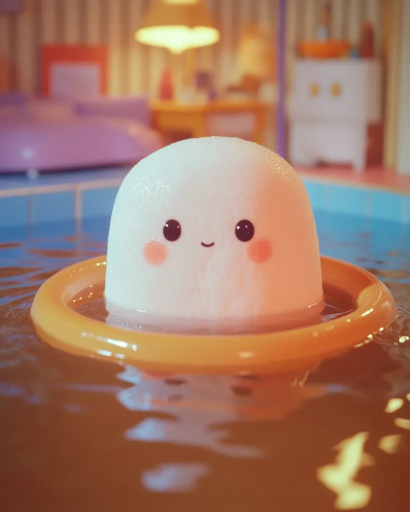 Here's a description of the image:

A cute, marshmallow-like character with rosy cheeks and large, expressive eyes floats serenely in a pool of warm-toned water.  It's nestled within a small, yellow inflatable ring. The background is softly blurred, hinting at a cozy, pastel-colored interior space with furniture and warm lighting, creating a whimsical and charming scene.  The overall style suggests a digital rendering or animation, emphasizing the character's endearing features.