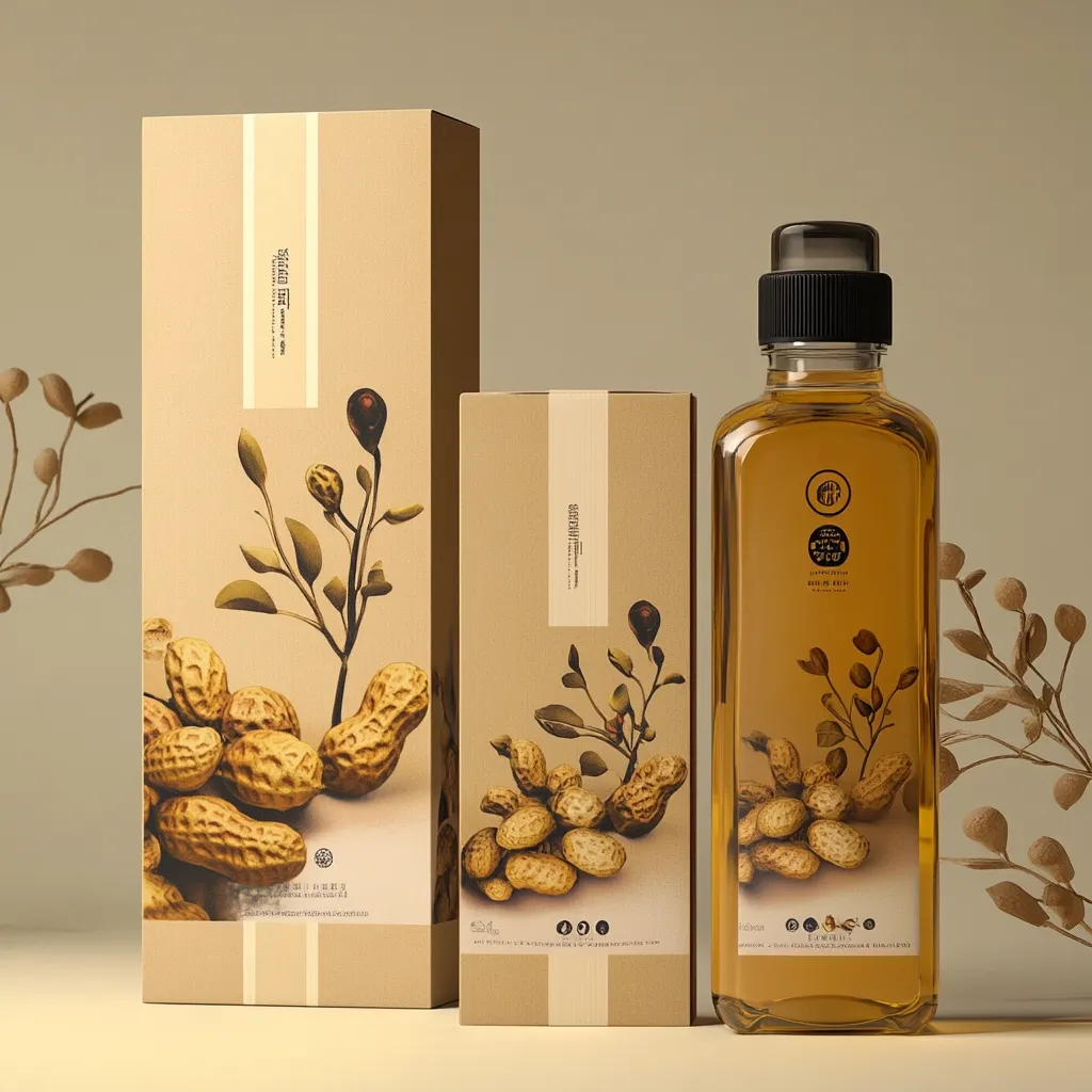Here's a description of the image:

The image showcases elegant packaging for peanut oil.  A tall, rectangular bottle of golden oil is the centerpiece, featuring a minimalist design with illustrations of peanuts and their plant on a kraft-colored label. Two matching kraft boxes, one taller than the other, flank the bottle, echoing the design elements. The overall aesthetic is natural, sophisticated, and subtly vintage, suggesting high-quality, possibly artisanal, product.  Dried, delicate branches add a touch of organic refinement to the scene. The background is a muted, neutral tone, allowing the packaging to stand out.