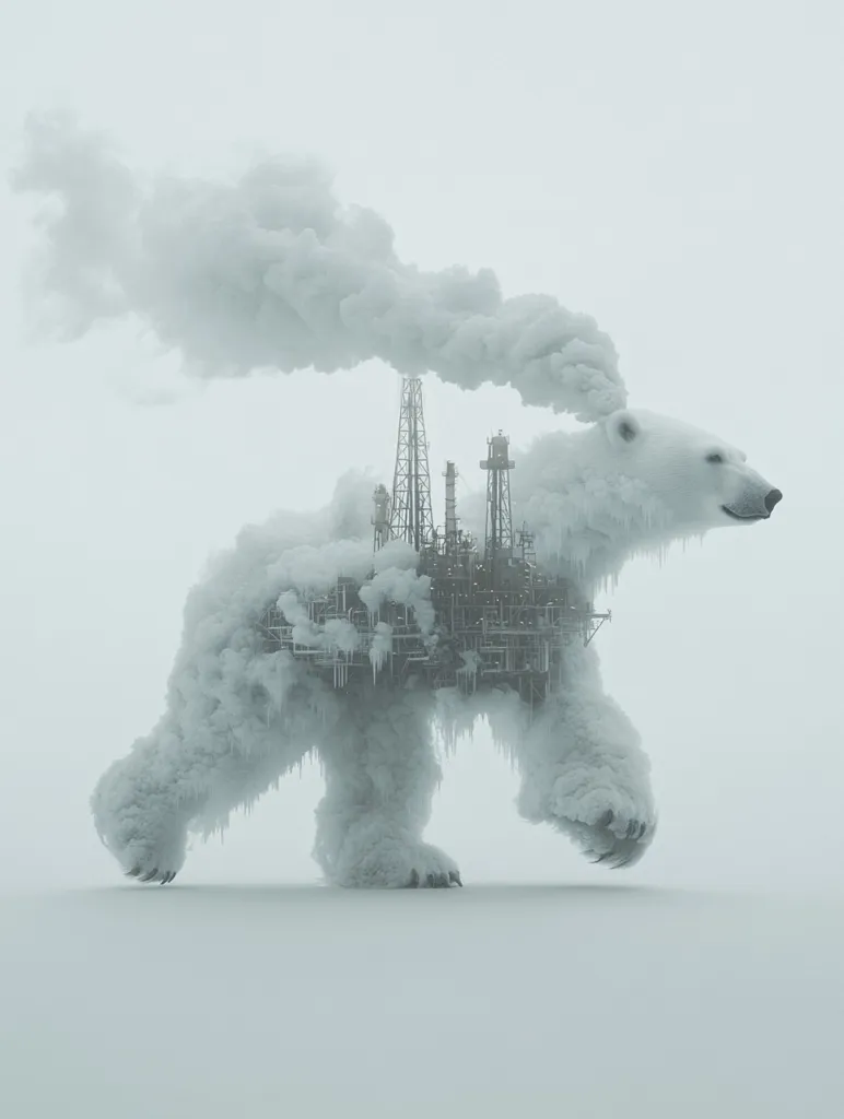 A polar bear, shrouded in fog and ice, has an oil rig embedded within its body.  Dark smoke billows from the rig's smokestacks, contrasting with the otherwise muted, cold tones of the image. The bear walks across a snowy landscape, creating a powerful visual metaphor for the environmental impact of industry on arctic wildlife and habitats. The scene evokes a sense of bleakness and the devastating consequences of climate change.