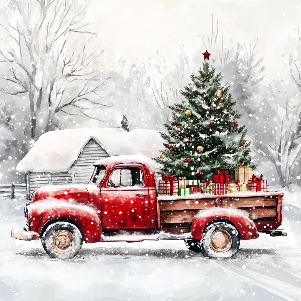 A charming watercolor painting depicts a red vintage pickup truck laden with a snow-dusted Christmas tree and a collection of festively wrapped presents.  The truck is parked in a snowy winter scene,  in front of a rustic snow-covered cabin.  Bare, snow-laden trees form a picturesque backdrop, enhancing the idyllic, nostalgic Christmas atmosphere.  Light snowfall adds to the overall tranquil and heartwarming ambiance.