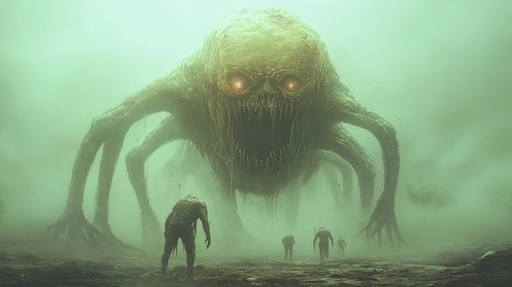 A monstrous, grotesque creature looms over a desolate landscape shrouded in a sickly green mist.  Its massive, gnarled limbs and gaping maw filled with sharp teeth are terrifying.  Three small, humanoid figures, seemingly fleeing or approaching, are dwarfed by its immense size. The overall atmosphere is one of dread and impending doom, suggesting a scene from a horror or fantasy story. The color palette is muted and ominous, enhancing the unsettling mood.