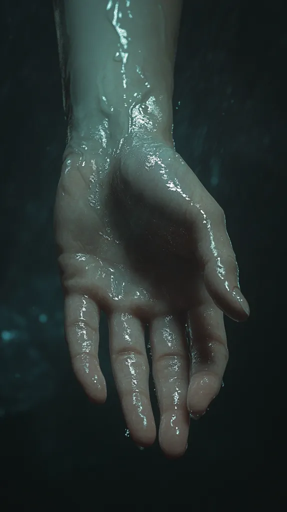 Close-up view of a hand and forearm glistening with water, possibly submerged or recently withdrawn from liquid.  The skin appears smooth and pale, with water droplets clinging to the surface. The overall tone is dark and moody, with a teal-green hue dominating the background.  The image evokes a sense of mystery and suspense, possibly suggesting a scene from a film or video game.