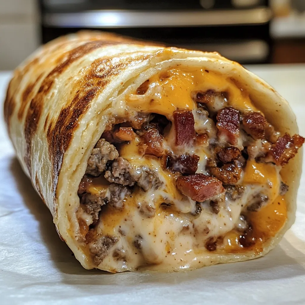 A close-up shot reveals a delicious-looking burrito, its warm, browned tortilla encasing a rich filling.  Visible are generous portions of seasoned ground beef, crispy bacon bits, and melted cheese, creating a mouthwatering combination.  A creamy sauce adds richness and texture, peeking out from between the meat and cheese. The burrito rests on parchment paper, suggesting a freshly made and satisfying meal.
