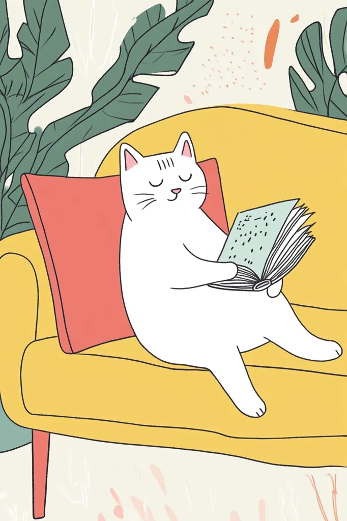 A white cat, eyes closed in peaceful contentment, lounges on a mustard-yellow couch.  A coral-colored pillow supports its back as it gently holds an open book.  The illustration is done in a simple, cartoonish style with a soft color palette. Tropical-style leaves and abstract floral shapes form the background, adding to the calming and cozy ambiance. The scene conveys a sense of quiet relaxation and enjoyment.
