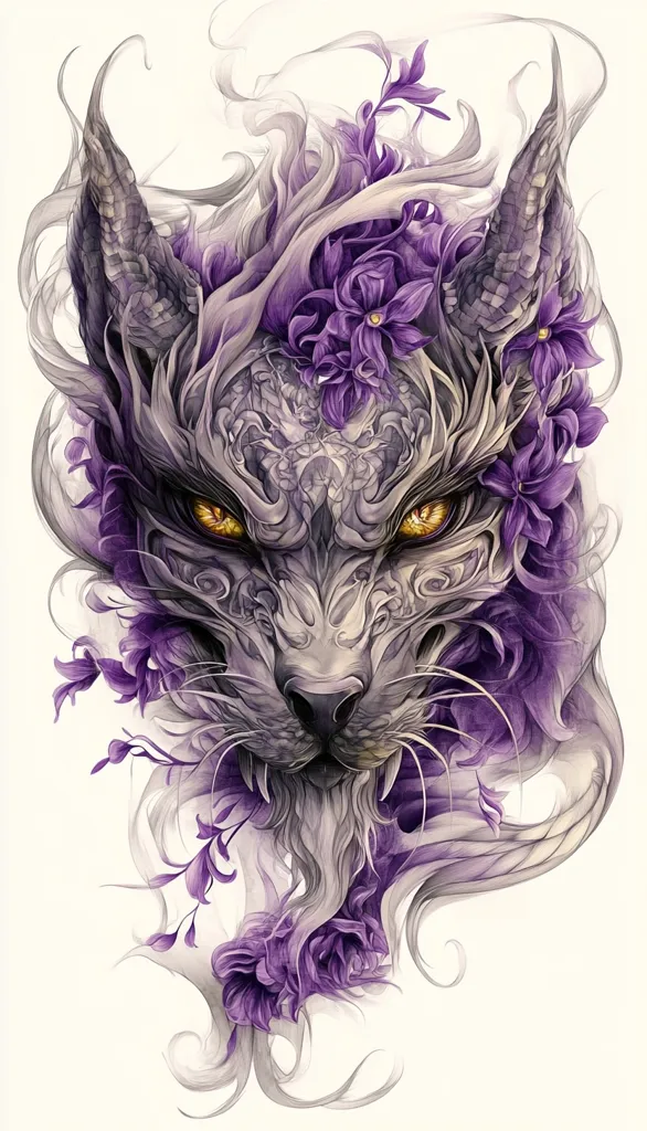 Here's a description of the image:

The artwork is a detailed portrait of a fantastical feline creature, rendered in shades of grey and purple. The creature's face is intricately designed, resembling a mask with ornate, swirling patterns.  It has sharp, pointed ears and piercing yellow eyes.  Purple flowers and flowing, wispy tendrils, suggestive of smoke or hair, intertwine around its head and face, adding an ethereal quality. The overall style is reminiscent of fantasy art or a stylized tattoo design, with a focus on intricate detail and a blend of organic and geometric forms. The background is white, allowing the creature and floral elements to stand out prominently.