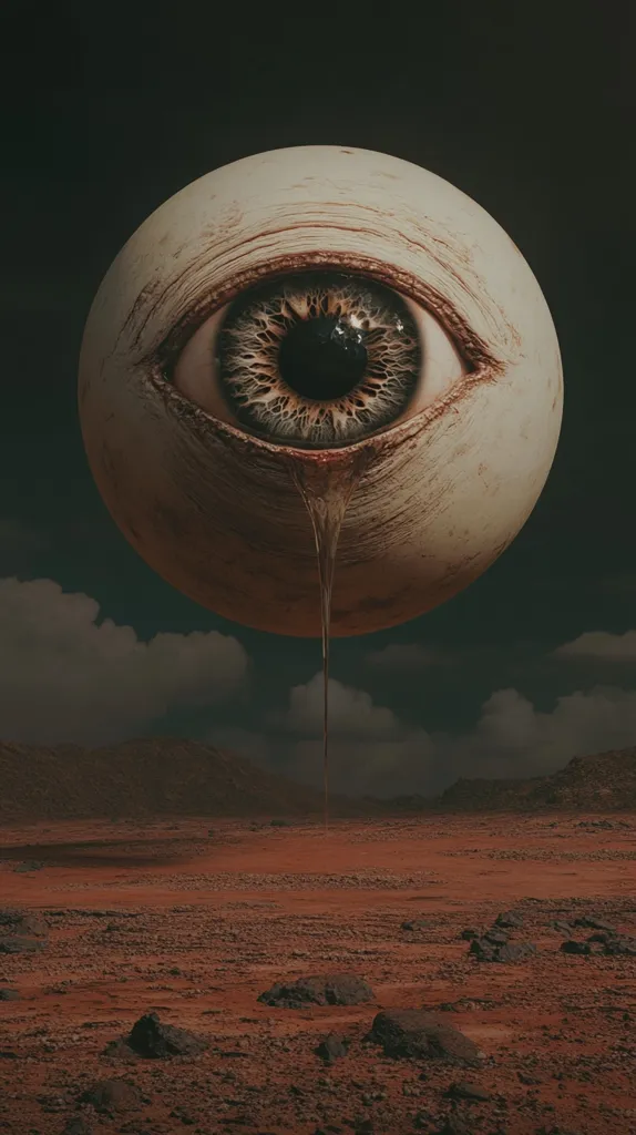 A surreal digital artwork depicts a large, spherical eye hovering over a desolate, red landscape.  The eye, pale and textured, seems ancient and weathered.  A thick, viscous substance drips from its lower eyelid, creating a sense of unease. The barren, rocky ground stretches to the horizon under a dark, cloudy sky, enhancing the image's ominous atmosphere. The overall impression is one of cosmic horror and unsettling mystery.