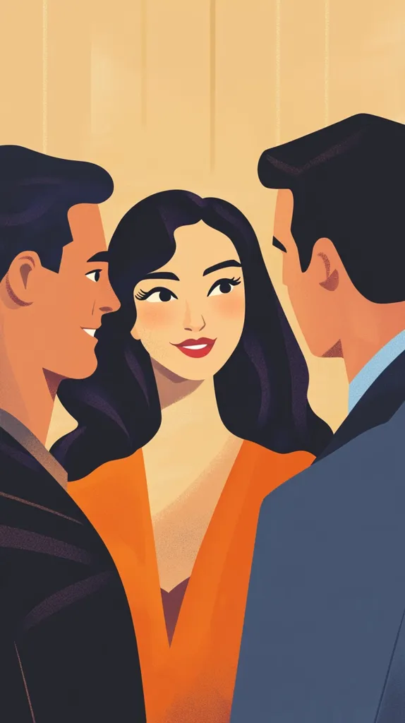Here's a description of the image:

A stylized illustration depicts a woman with long dark hair wearing an orange dress, flanked by two men.  The men, one on either side, are dressed in dark suits. The woman's expression is pleasant, her gaze directed slightly upward. The men appear to be looking at her attentively.  The style is reminiscent of mid-century modern illustration, with bold colors and simplified forms. The background is a muted yellowish-tan, giving a vintage feel. The overall mood is suggestive of a social interaction, possibly romantic in nature.