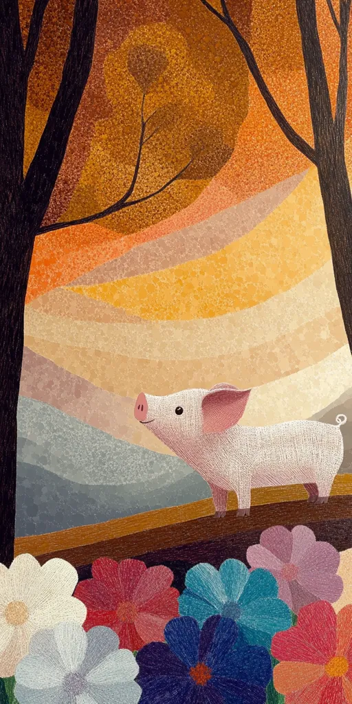 Here's a description of the image:

The artwork presents a stylized illustration of a pig standing on a low wall or ledge, silhouetted against a vibrant, textured sunset.  The background features a layered, abstract landscape of warm oranges, yellows, and cool grays, suggesting hills or mountains. Two dark tree trunks flank the scene, their branches reaching into the colorful sky.  Below the pig, a cluster of richly colored, textured flowers completes the composition, adding a touch of whimsy to the autumnal landscape. The overall style is reminiscent of children’s book illustration or folk art, with a focus on bold color and texture.