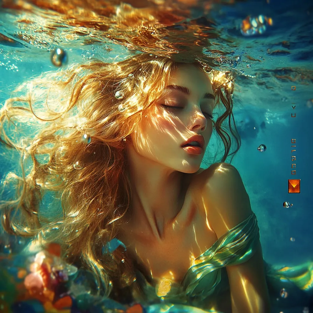 The image is a digitally created artwork depicting a young woman with long, flowing blonde hair submerged in turquoise water.  Sunlight filters through the surface, illuminating her face and body with a golden hue. Her eyes are closed, and her expression is serene. She wears a teal, off-the-shoulder garment, partially obscured by the water.  Bubbles surround her, adding to the underwater atmosphere. The overall style is dreamlike and ethereal.