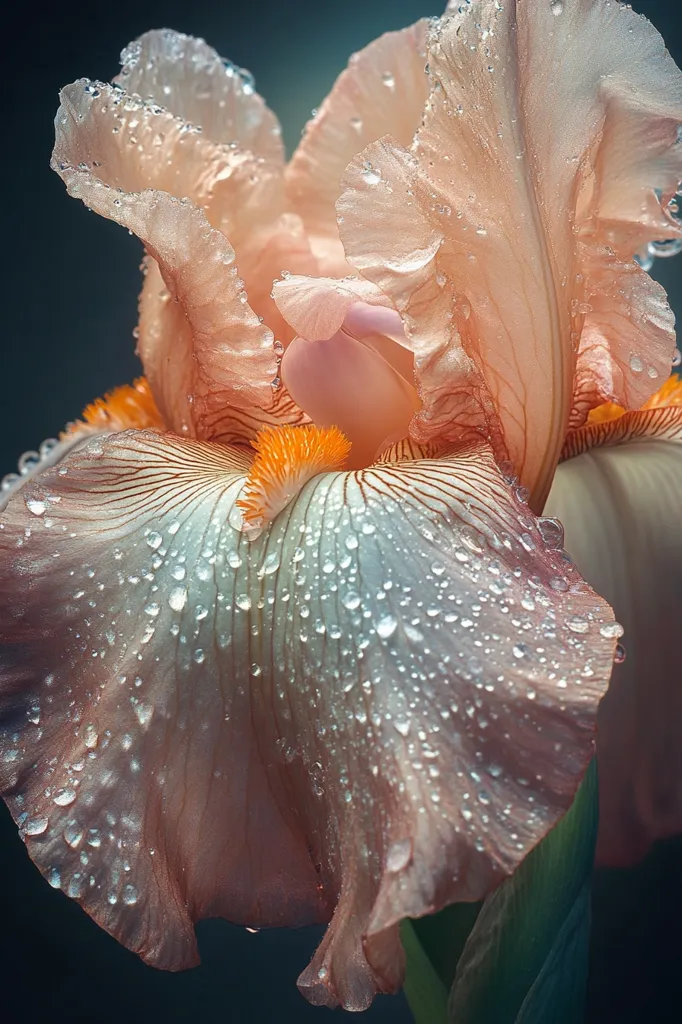 Here's a description of the image:

Close-up view of a single, dew-kissed iris blossom.  The flower is a delicate peachy-pink, with intricate veining visible beneath the translucent petals.  Numerous water droplets cling to the petals, enhancing their soft texture and highlighting the flower's delicate form. The central beard of the iris is a vibrant orange, contrasting beautifully with the pastel tones of the petals. The background is a dark, muted teal, which makes the iris pop with color and vibrancy.  The overall image conveys a sense of serenity and natural beauty.