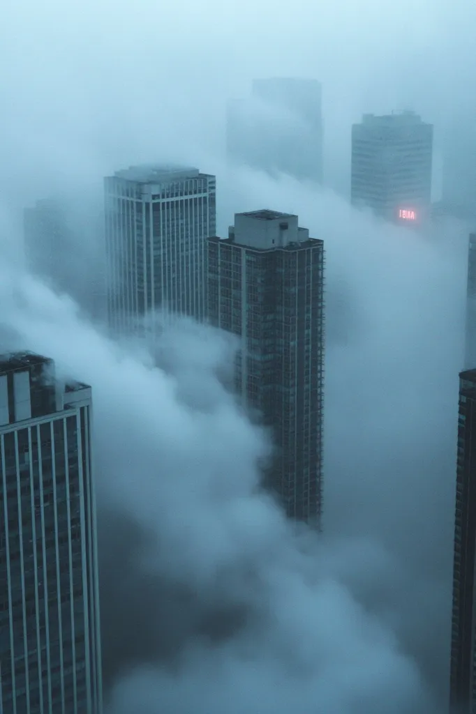 A high-angle, long shot of several skyscrapers partially obscured by a thick layer of fog. The buildings are modern high-rises, predominantly dark-colored, standing tall amidst the swirling white and gray clouds. The fog creates a mysterious and ethereal atmosphere, shrouding the tops of the structures and adding depth to the scene. The overall tone is moody and atmospheric, emphasizing the contrast between the solid architecture and the transient fog.  A faint sign is visible on one building, though the text is unclear.