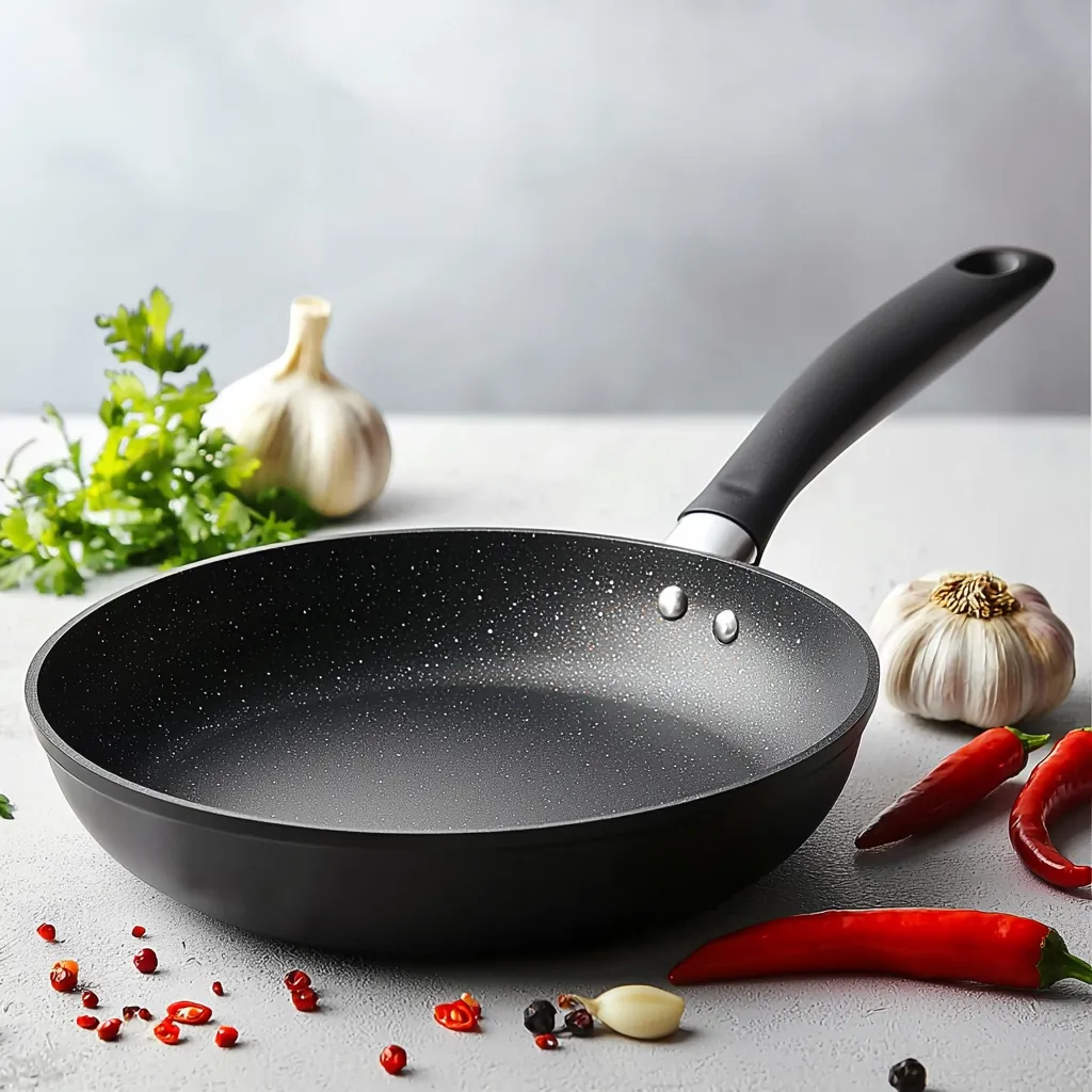 A black, non-stick frying pan with a black ergonomic handle sits on a light gray surface.  Around it are fresh ingredients:  garlic bulbs, sprigs of parsley, and red chili peppers.  Scattered peppercorns and spices add to the culinary scene. The pan appears unused and ready for cooking. The overall image evokes a sense of freshness and preparation for a meal.