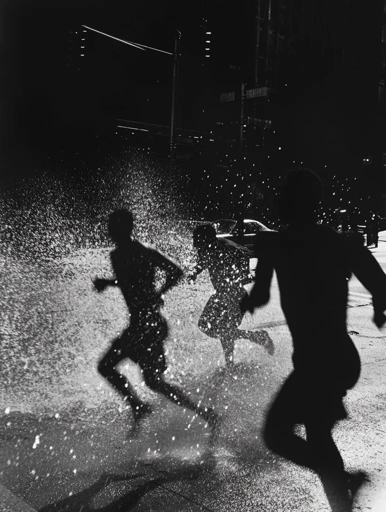 Here is a description of the image in under 100 words:

The black and white photograph captures three figures running through a nighttime city street, silhouetted against a backdrop of splashing water from a burst fire hydrant. The figures are blurry, dynamic, and partially obscured by water droplets. A street with blurred cars and buildings is visible in the background. The image evokes a sense of energy, freedom, and playful rebellion against the urban environment. The strong contrast between light and shadow contributes to a dramatic and artistic feel.