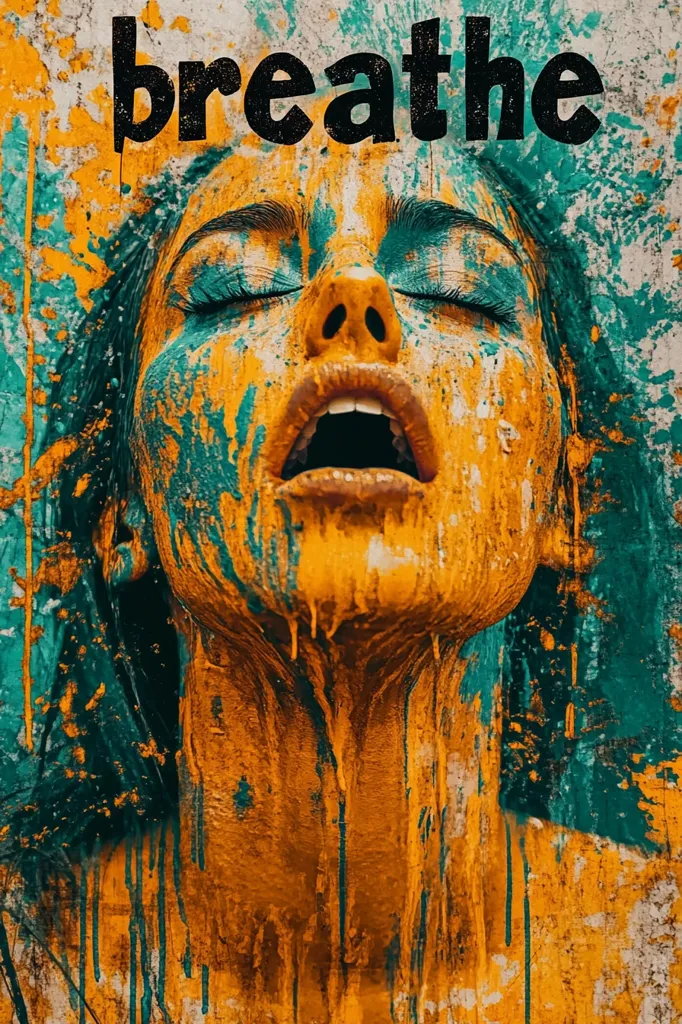 The image is an abstract portrait of a woman's face covered in dripping orange and teal paint. Her eyes are closed, and her mouth is open in a silent scream, creating a striking visual contrast. The word "breathe" is superimposed above the woman's head, suggesting a theme of mindfulness or emotional release. The paint's texture and the woman's expression evoke feelings of vulnerability and intense emotion.  The overall style is expressive and artistic, combining painterly techniques with a digital aesthetic.