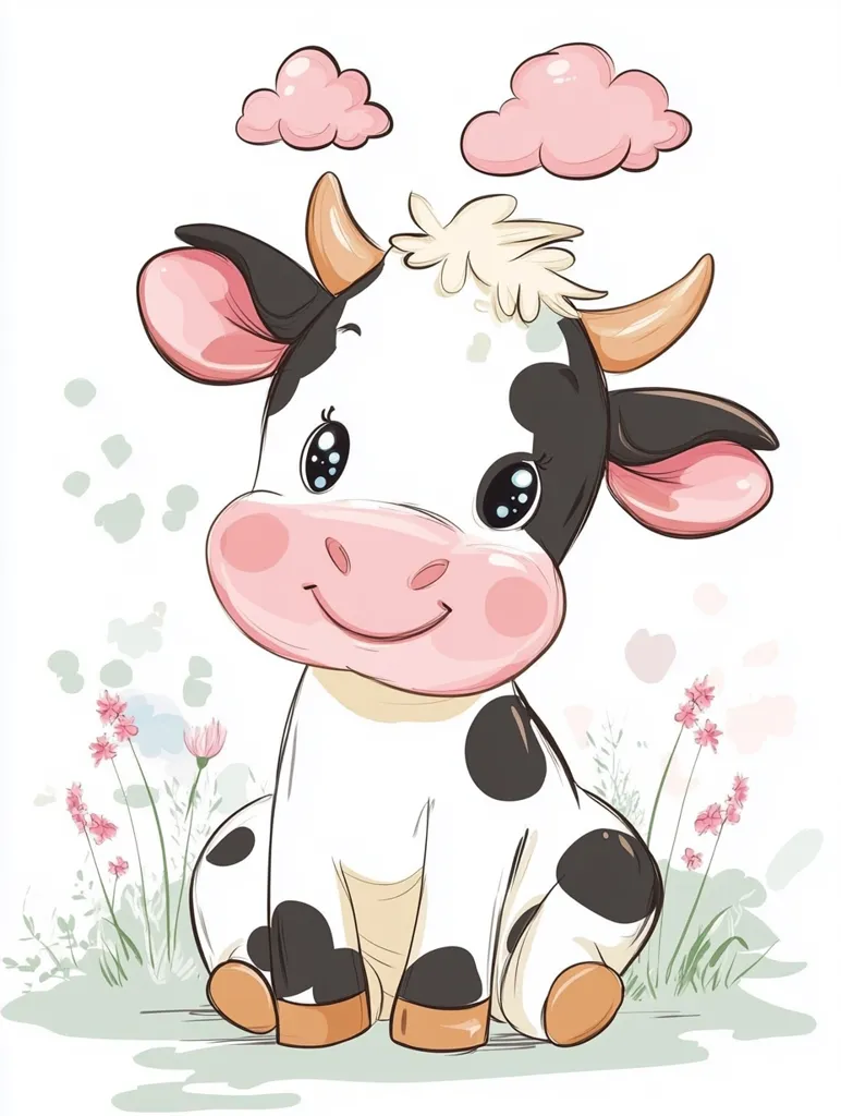 Here's a description of the image:

The illustration showcases an adorable cartoon calf, predominantly white with black spots, sitting amidst a field of delicate pink flowers.  Its large, expressive eyes and rosy cheeks convey a sweet and innocent demeanor.  The calf has short, curved horns and pink inner ears.  Two light pink clouds float above it, adding to the whimsical, childlike charm of the artwork. The style is soft and gentle, with muted pastel colors and a slightly textured background suggesting a grassy meadow. The overall impression is one of cuteness and serenity.