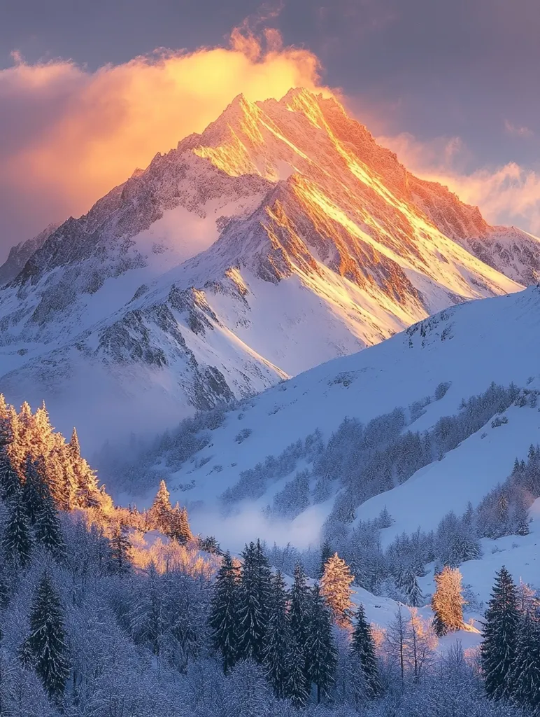 A majestic snow-capped mountain peak is bathed in the warm, golden light of sunrise.  The sun illuminates the mountain's rugged texture, highlighting its sharp ridges and deep valleys.  Below, a dense forest of snow-laden evergreen trees clings to the lower slopes, creating a stark contrast against the brilliant white of the mountain.  A soft mist hangs in the valleys, adding to the serene and breathtaking beauty of the winter landscape. The scene evokes a sense of awe and tranquility.