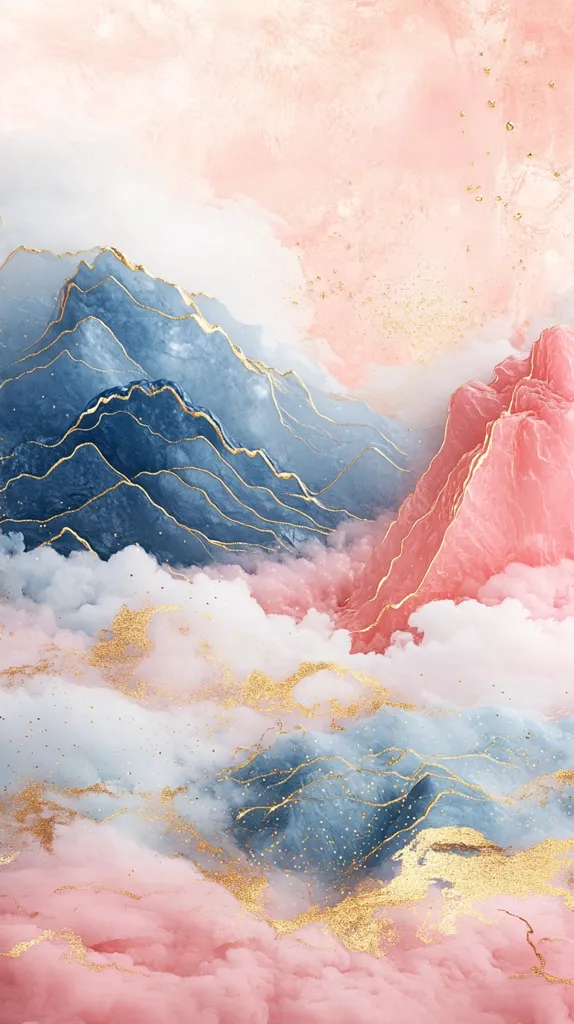 The image is an abstract painting depicting a dreamy, ethereal landscape.  Soft pink and blue hues, resembling clouds and mountains, blend seamlessly.  Delicate gold lines trace the contours of the formations, adding a touch of elegance.  The overall effect is one of serene beauty and peaceful tranquility, evoking a sense of wonder and fantasy.  The gold flecks throughout add a sparkle and luminosity to the scene.