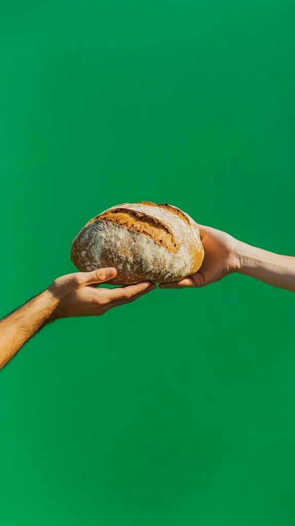Here is a description of the image:

Against a vibrant green backdrop, two hands carefully exchange a rustic loaf of sourdough bread. The bread, golden brown with a slightly irregular crust, is the central focus. The hands, one from each side of the frame, cradle the bread gently. The overall image evokes a sense of sharing, generosity, and the simple pleasures of freshly baked bread. The bright green background provides a stark contrast to the warm tones of the bread.