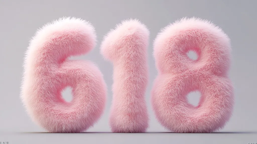 The image shows the number 618 rendered in a fluffy, light pink, fur-like texture.  Each digit is three-dimensional and stands individually against a plain, light gray background. The style is soft, playful, and possibly suggestive of a plush toy or a whimsical design element. The overall impression is one of gentle, pastel sweetness.