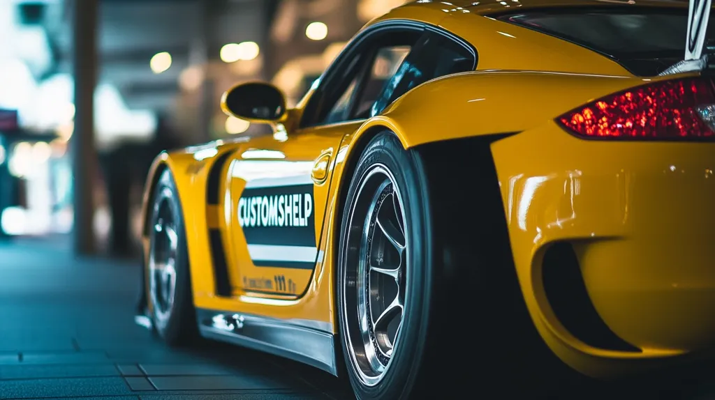 Here's a description of the image:

The photo showcases a vibrant yellow sports car, possibly a modified Porsche, parked indoors.  The car is sharply focused, highlighting its sleek design, wide tires, and custom "CUSTOMSHELP" branding on the side. The background is blurred, suggesting an indoor garage or showroom, with soft lighting and indistinct shapes. The car's rear and side are visible, revealing its sporty features and the rear taillights. The overall mood is one of luxury and high performance.