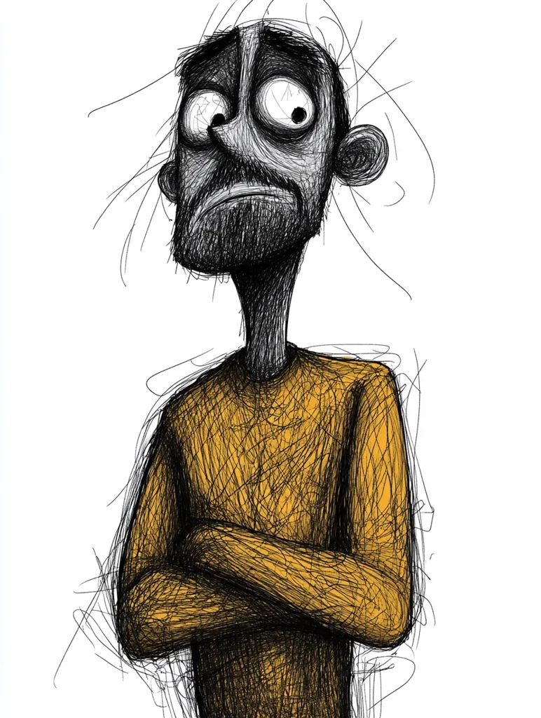 The illustration depicts a stylized, somewhat gaunt man with a worried expression.  His large, expressive eyes and downturned mouth convey sadness or apprehension.  His hair is depicted as messy, spiky strands. He's wearing a mustard-yellow long-sleeved shirt, his arms crossed defensively across his chest. The drawing style is sketchy and textured, employing many short, scribbled lines to create form and shading, giving it a slightly anxious and distressed feel.
