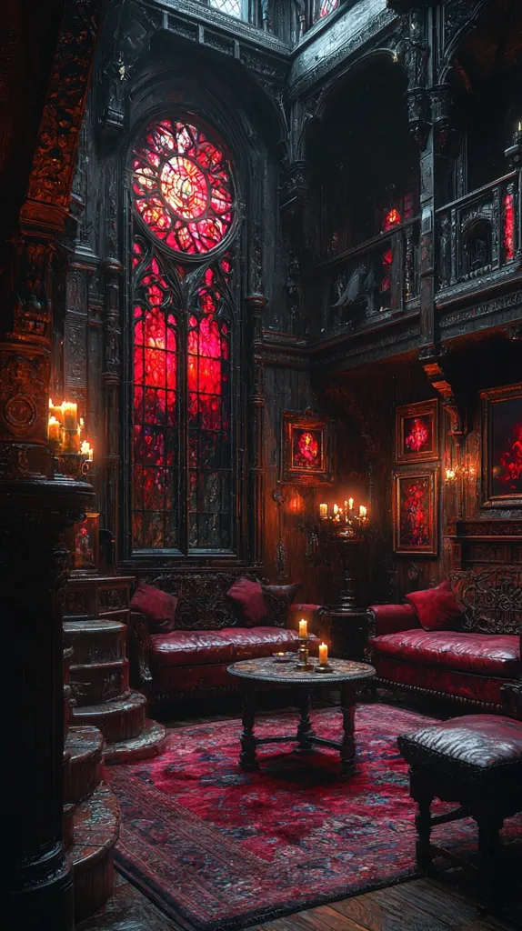 A dimly lit, gothic-style room is depicted. Dark wood paneling and ornate furniture create a rich, mysterious atmosphere.  A large stained-glass window, predominantly red, dominates one wall, casting a warm glow on the scene.  Red leather sofas and a dark rug complement the room's color scheme.  Candles flicker on tables and a mantelpiece, adding to the ambiance of the space.  The overall effect is one of opulent darkness and captivating mystery.