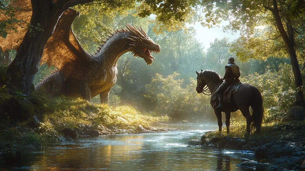 A knight on horseback faces a large, majestic dragon across a tranquil stream in a sun-dappled forest. The dragon, with golden scales and outstretched wings, is partially hidden behind a tree. The knight, in full armor, sits calmly on his steed, creating a scene of tense anticipation or perhaps an unlikely truce.  The lush greenery and soft sunlight enhance the mystical atmosphere of this fantasy encounter.