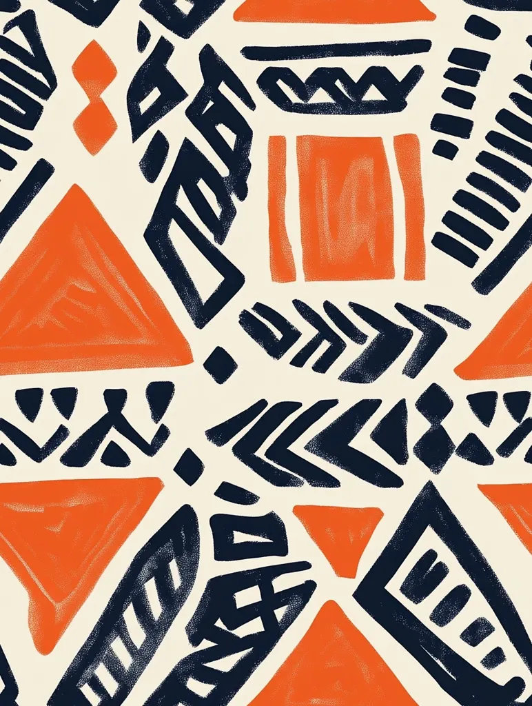 The image showcases a vibrant, abstract pattern featuring a blend of geometric shapes and stylized tribal motifs.  Bold, burnt orange triangles and rectangles are juxtaposed against a creamy off-white background.  Dark navy blue lines create jagged, angular designs that interweave with the orange elements, creating a dynamic and energetic visual texture. The overall style suggests a modern interpretation of traditional textile patterns or indigenous art.