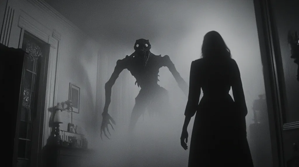 Here is a description of the image:

The black and white image shows a shadowy, gaunt figure looming in a dimly lit room.  Its long limbs and skeletal features suggest a monstrous or supernatural presence. A woman in a dark dress stands with her back to the viewer, seemingly facing the creature. The room is sparsely furnished, adding to the eerie atmosphere. The overall effect is one of suspense and impending dread, with strong use of light and shadow to create a chilling scene.