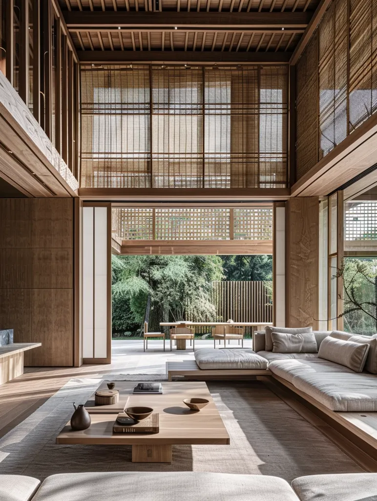 This image showcases a modern minimalist living room with strong Japanese design influences.  Natural wood tones dominate, featuring wooden walls, ceilings, and floors.  Large sliding doors open to a serene garden, blurring the lines between indoors and out.  A low, L-shaped sofa is the focal point, complemented by a simple, low coffee table.  High, slatted screens filter light, creating a calming and tranquil atmosphere. The overall aesthetic is one of understated elegance and harmony with nature.