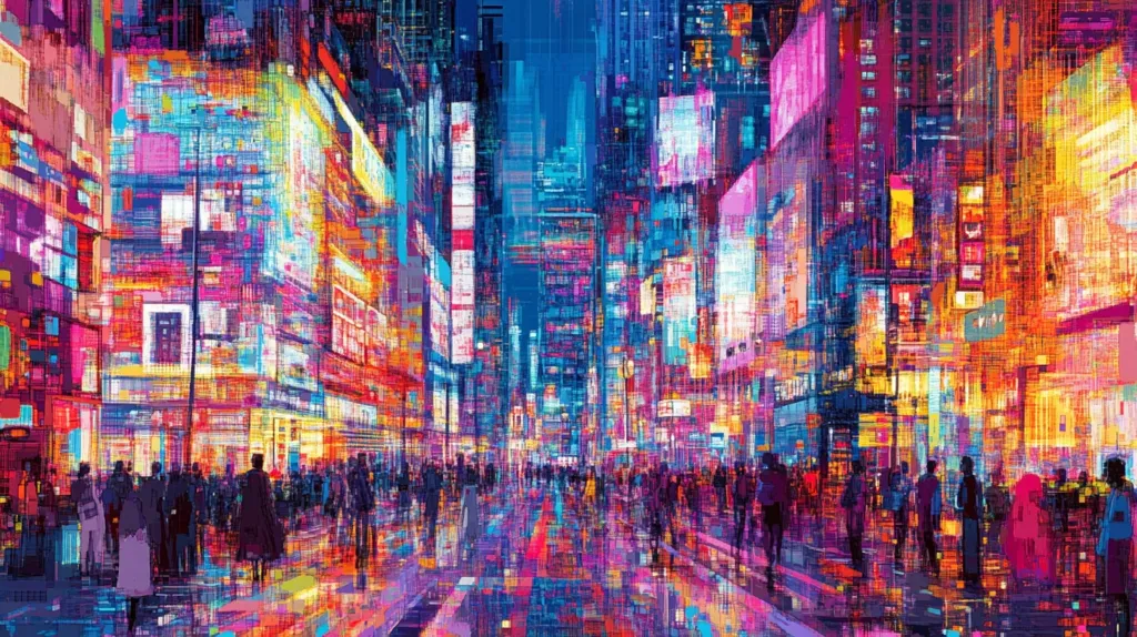 The image is a vibrant, stylized depiction of a bustling city street at night.  Tall buildings are adorned with brightly colored, almost pixelated, advertisements and signage, creating a sense of overwhelming visual stimulation.  A crowd of people moves through the street, their forms somewhat indistinct against the dazzling backdrop. The overall style suggests a futuristic or cyberpunk aesthetic, blending realism with digital abstraction.  The color palette is intensely saturated, dominated by pinks, purples, blues, and oranges.
