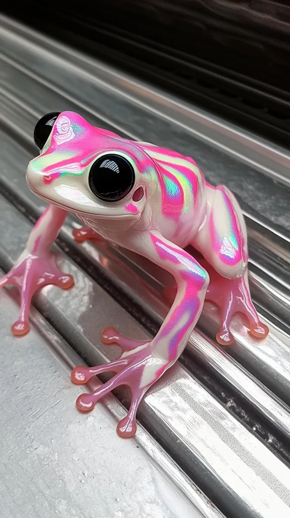 A vibrant pink and white frog, possibly a glass frog due to its translucent skin, sits on a metallic grooved surface.  Its large, dark eyes are prominent against its iridescent skin. The frog's delicate, slender limbs and webbed feet are clearly visible. The metallic background provides a stark contrast to the frog's bright coloration, making it the clear focal point of the image. The overall impression is one of delicate beauty and striking visual contrast.