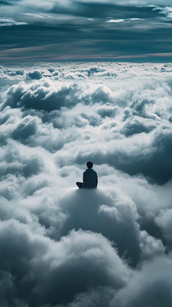 Here's a description of the image:

A solitary figure sits cross-legged atop a small, fluffy cloud, silhouetted against a vast expanse of cumulus clouds beneath a moody, dark sky. The person's back is to the viewer, their posture suggesting contemplation or serenity. The clouds stretch to the horizon, creating a dramatic and ethereal atmosphere. The overall color palette is muted, with shades of gray and blue dominating the scene, enhancing the feeling of mystery and solitude. The image evokes a sense of peace and vastness.