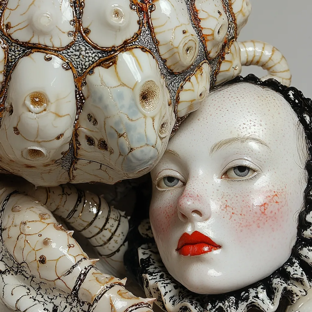 Here's a description of the image:

The image showcases a striking porcelain sculpture featuring a young woman's face intimately nestled against a large, intricately detailed sea creature. The woman's face is pale, adorned with delicate freckles and vibrant red lips. Her expression is serene, almost melancholic.  The creature's surface is textured, with numerous small, shell-like protrusions in shades of white, grey, and brown, giving it a biomorphic quality. The contrast between the smooth, flawless skin of the woman and the rough texture of the creature creates a compelling visual dichotomy. Both figures are meticulously crafted, displaying exceptional artistry and attention to detail.  The overall aesthetic is darkly romantic and fantastical.