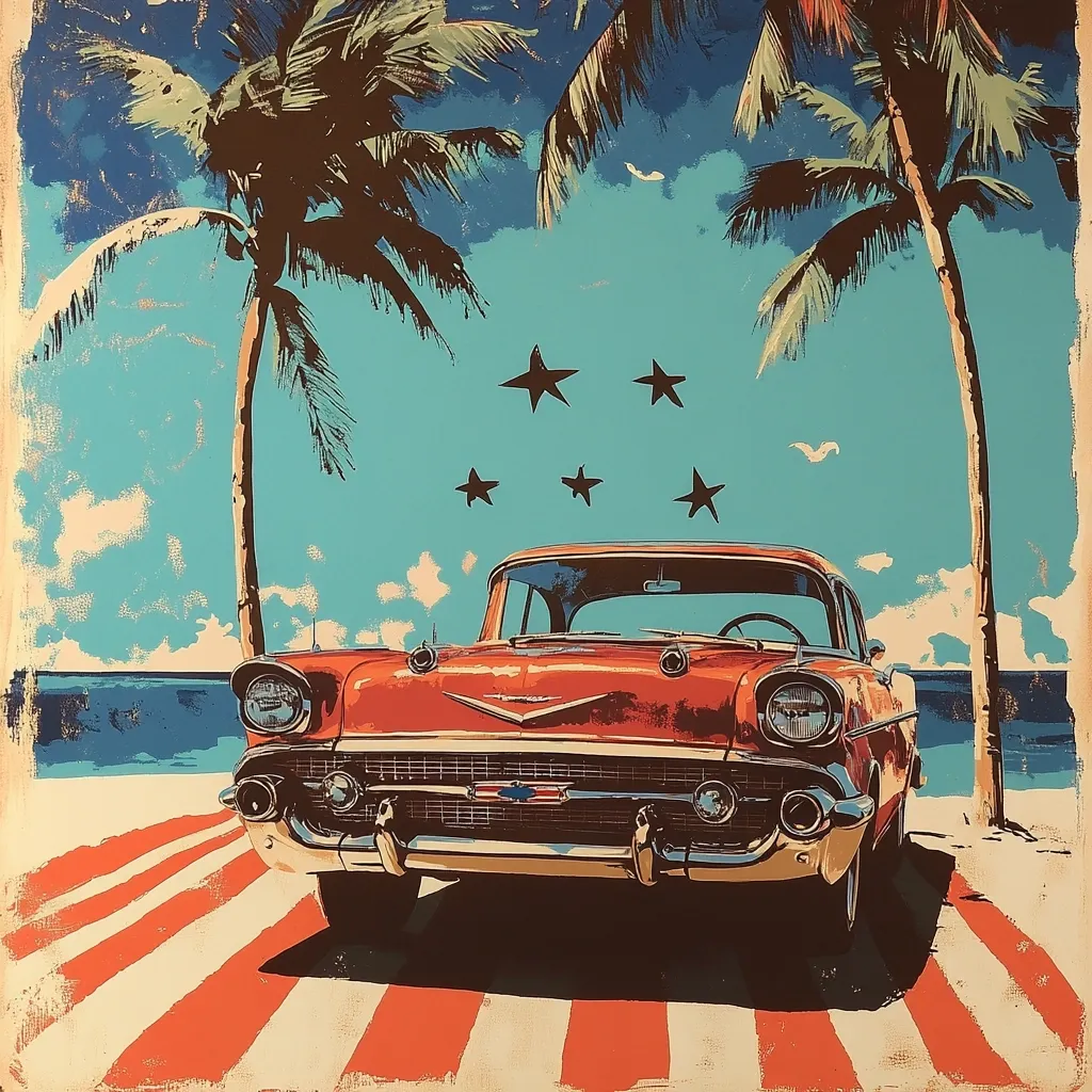 Here's a description of the image:

The artwork depicts a classic red 1950s Chevrolet Bel Air parked on a beach, under a vibrant turquoise sky. Two palm trees flank the car, their shadows cast on the sand.  A red and white striped beach towel or blanket lies beneath the vehicle.  Five stylized black stars are scattered across the sky, possibly referencing a flag or design motif. The style is reminiscent of vintage travel posters or mid-century Americana, with a slightly distressed, textured look to the background.  The overall impression is one of nostalgic summer vacation.