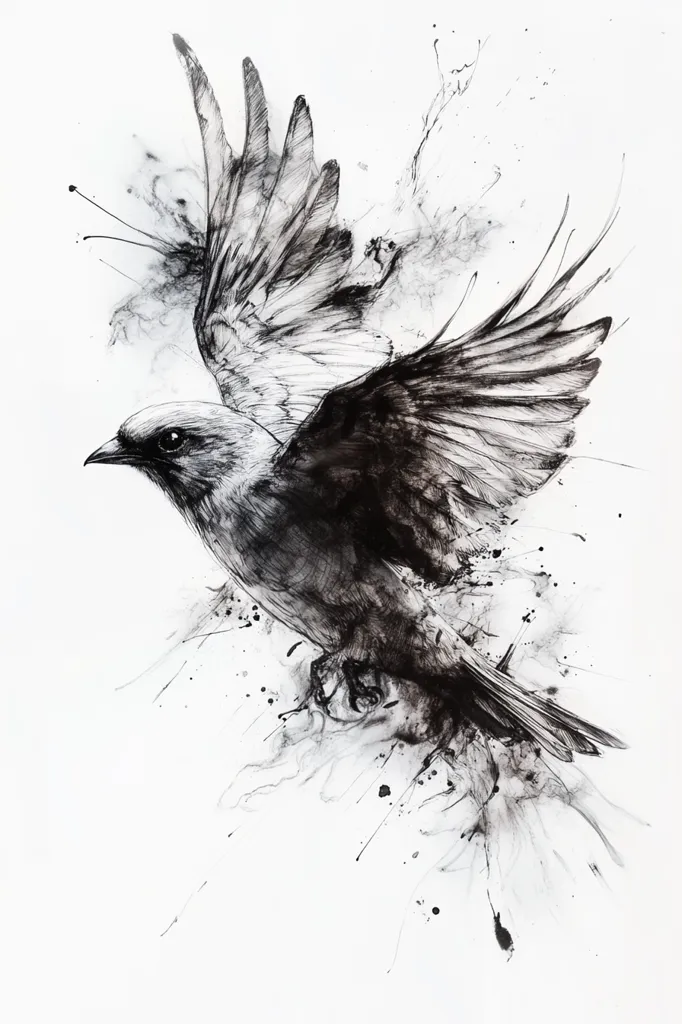 Here's a description of the image:

The artwork is a striking monochrome drawing of a bird in mid-flight.  Rendered in shades of gray and black, the bird's wings are spread wide, showcasing detailed feathering. The style blends precise linework with expressive ink splatters and washes, creating a sense of motion and energy. The background is predominantly white, allowing the bird to stand out dramatically.  The overall impression is one of power, freedom, and artistic fluidity.