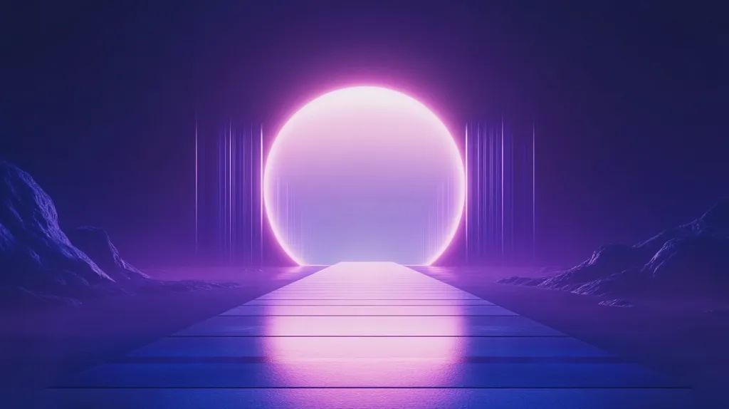 Here's a description of the image:

The image is a digital rendering of a surreal, futuristic landscape bathed in vibrant purple and pink neon light. A large, glowing pink circle, resembling a portal or gateway, dominates the center, flanked by vertical neon streaks. A reflective walkway leads towards this luminous circle, extending from the foreground into the ethereal glow.  Dark, rocky formations are subtly visible on either side of the path, adding depth and contrast to the otherworldly scene. The overall atmosphere is one of mystery and otherworldly beauty.