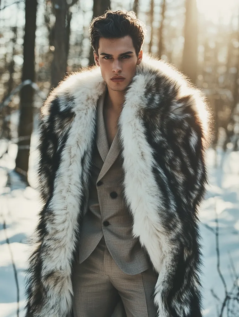 A young man with dark hair stands in a snowy forest, wearing a luxurious long fur coat. The coat is predominantly black and white, with a thick, fluffy collar.  Underneath, he wears a light beige suit.  The sun shines from behind, creating a soft, warm glow. The overall image is stylish and evokes a sense of winter elegance and rugged masculinity.