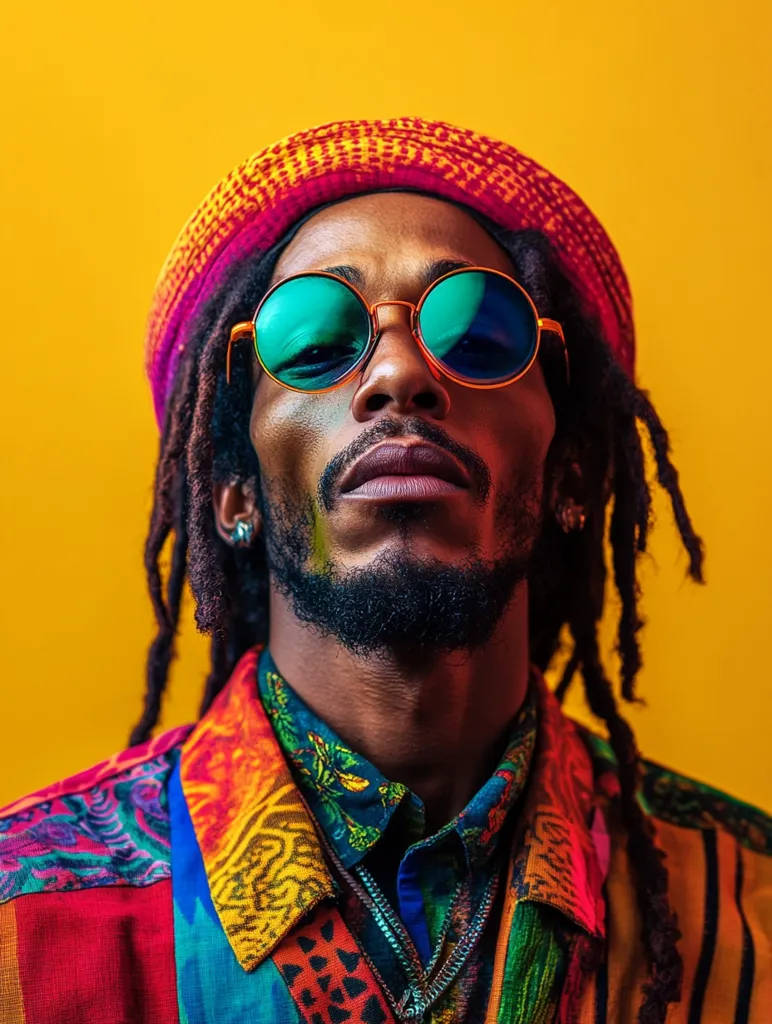 Here's a description of the image:

Close-up portrait of a young Black man with long dreadlocks, wearing a vibrant multicolored patterned shirt and a reddish-pink hat. He sports round, bright teal sunglasses. The background is a solid, bold yellow, contrasting sharply with the man's colorful attire.  His expression is serious and direct, gazing straight at the camera. The overall aesthetic is bold, colorful, and stylish, possibly suggesting a fashion or music-related context.
