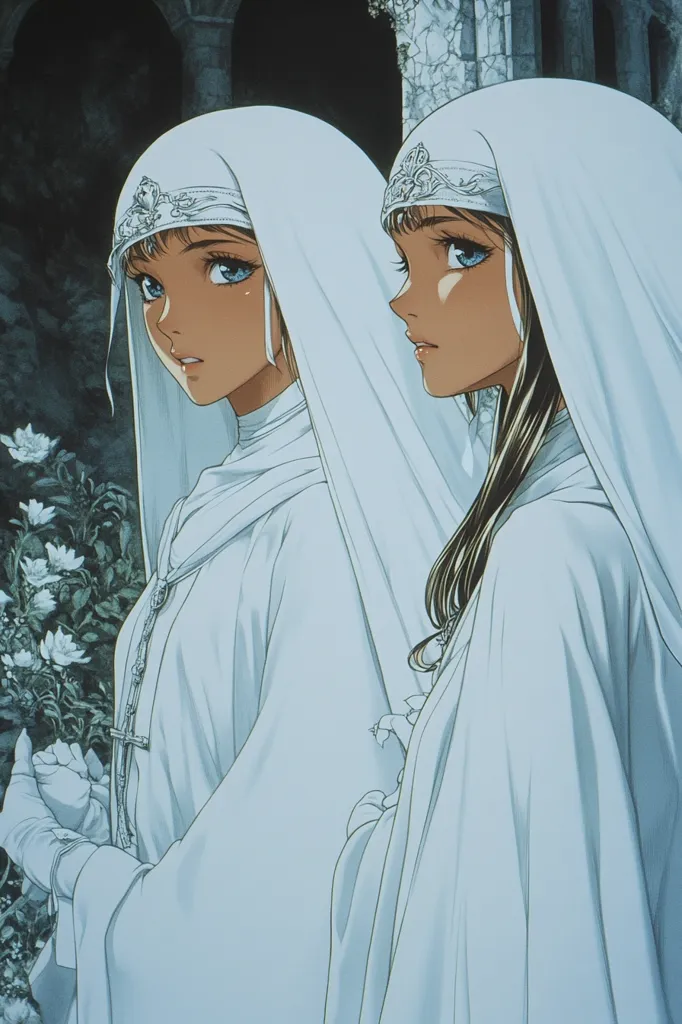 The image showcases two anime-style female figures, dressed in flowing white nun-like habits.  Their light skin and dark hair contrast against the pale fabric.  Ornate silver headpieces adorn their veils.  They stand side-by-side, their expressions solemn and serene. The background suggests a dimly lit, stone archway setting, with blurred white flowers visible to the left. The overall style is elegant and evocative, with a focus on the figures' detailed clothing and subtle facial expressions.
