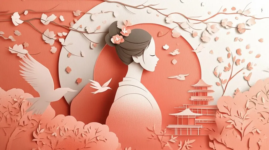 This image is a beautiful piece of paper art depicting a serene scene.  A woman in a kimono, adorned with cherry blossoms in her hair, is the centerpiece.  She's situated against a coral-toned moon, surrounded by delicate paper-cut cherry blossoms, birds, and a stylized pagoda. The overall aesthetic is calming and evokes a sense of traditional Japanese art and culture. The layered paper creates depth and shadow, enhancing the three-dimensional effect.  The color palette is soft and harmonious, utilizing various shades of coral and off-white.