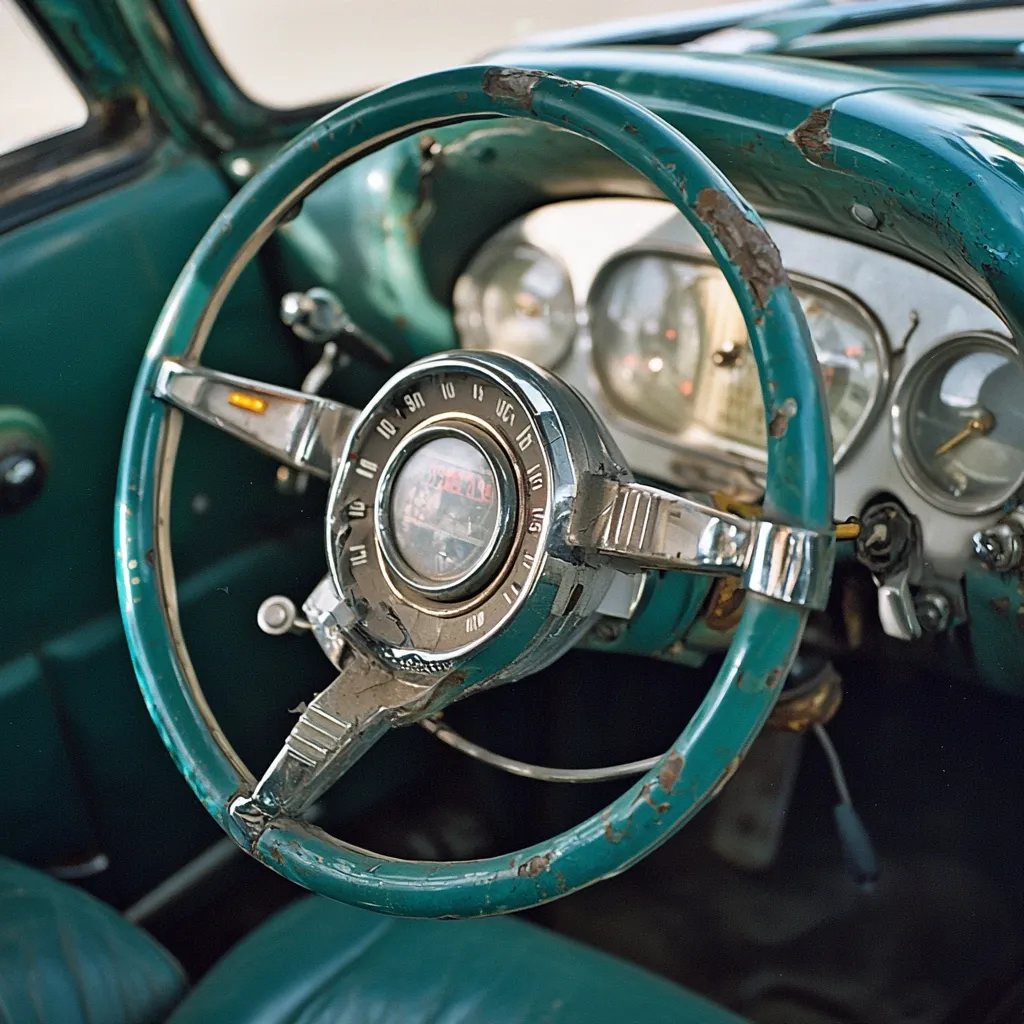 Here's a description of the image:

Close-up view of a vintage car's teal-colored steering wheel, showing significant wear and tear.  The wheel is cracked and chipped in several places, revealing the underlying material.  The metallic chrome accents around the speedometer and horn are tarnished but still reflect light. The speedometer itself shows a reading, though the exact number is difficult to decipher. The overall impression is one of age and well-used character, suggesting a classic car with a story to tell.  The background shows more of the car's dashboard, also exhibiting signs of aging.
