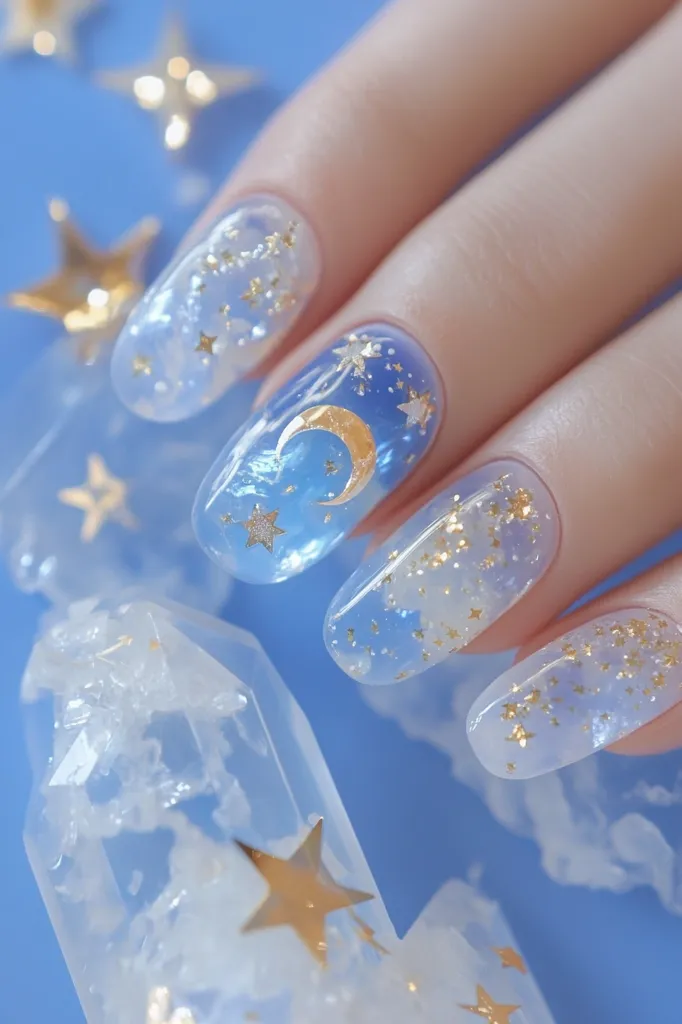 Here's a description of the image:

Close-up view of a hand showcasing intricately designed nails.  The nails are long and oval, adorned with a celestial theme. A translucent, light blue base is speckled with gold glitter, mimicking a starry sky.  Some nails feature a crescent moon and gold stars as accents. The overall effect is delicate and whimsical, reminiscent of a dreamy night sky. The hand rests on a clear, similarly decorated crystal-like object, complementing the nail art. The background is a soft, pastel blue.