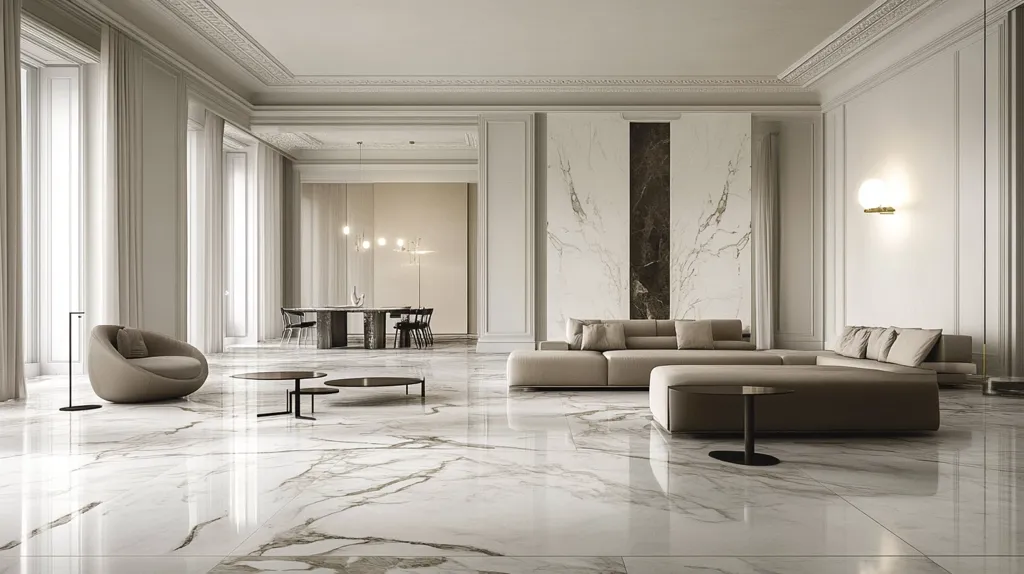 A spacious, elegant living room boasts a polished marble floor reflecting light throughout the room.  Neutral-toned furniture, including a low-slung sectional sofa and a curved armchair, is arranged around minimalist coffee tables.  A marble wall feature adds a luxurious touch, while floor-to-ceiling windows and sheer curtains invite ample natural light. The overall design is modern and minimalist, with a touch of classic elegance in the architectural details. A dining area is visible through an open doorway.
